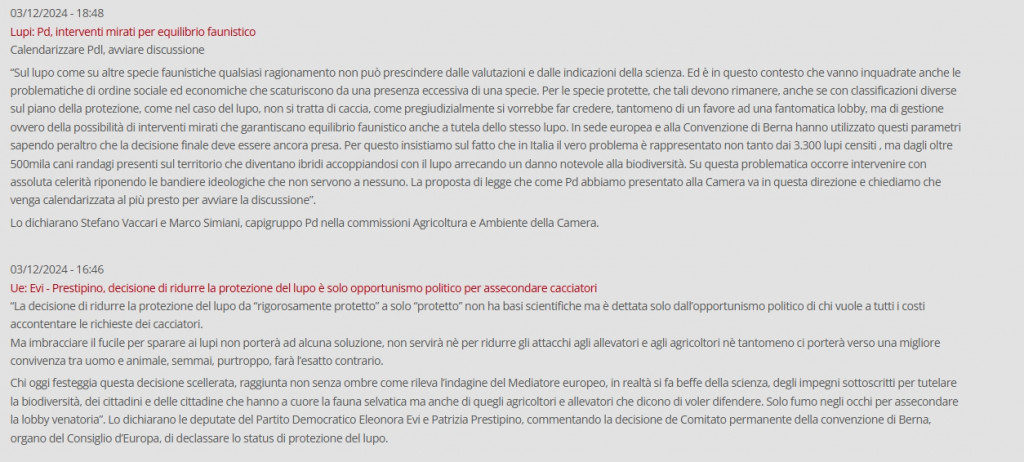 note del partito democratico su stato di protezione del lupo